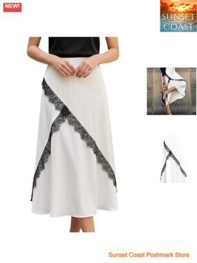 Satin Lace Patchwork Skirt Women's Elegant Mid Rise Flowy Long Skirt Cocktail